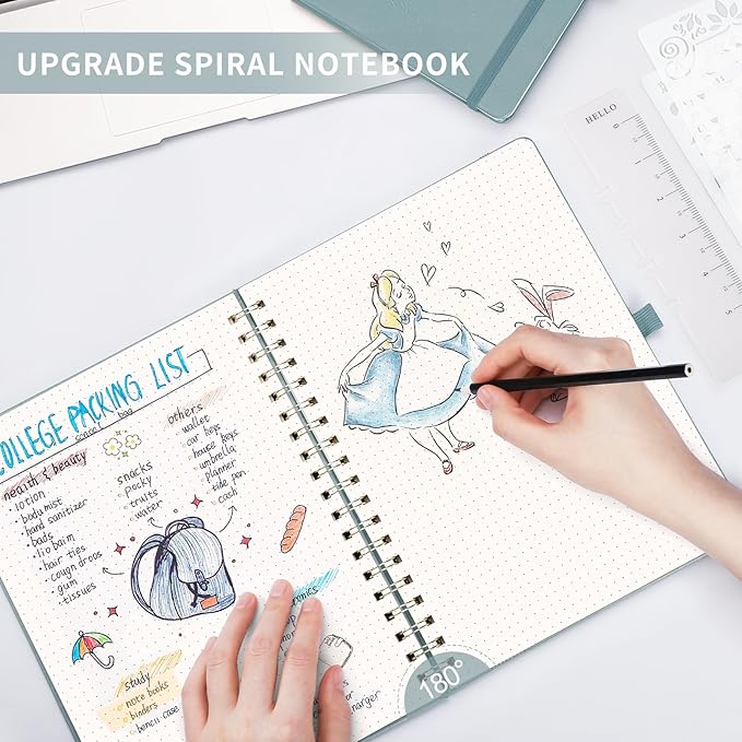 AHGXG Bullet Dotted Journal Spiral Notebook, Large B5 Dotted Notebook 140 Pages, Leather Hardcover, 100 GSM Thick Dot Grid Paper, Inner Pocket, for Bullet Journaling, 7.6" x 10", GrayBlue