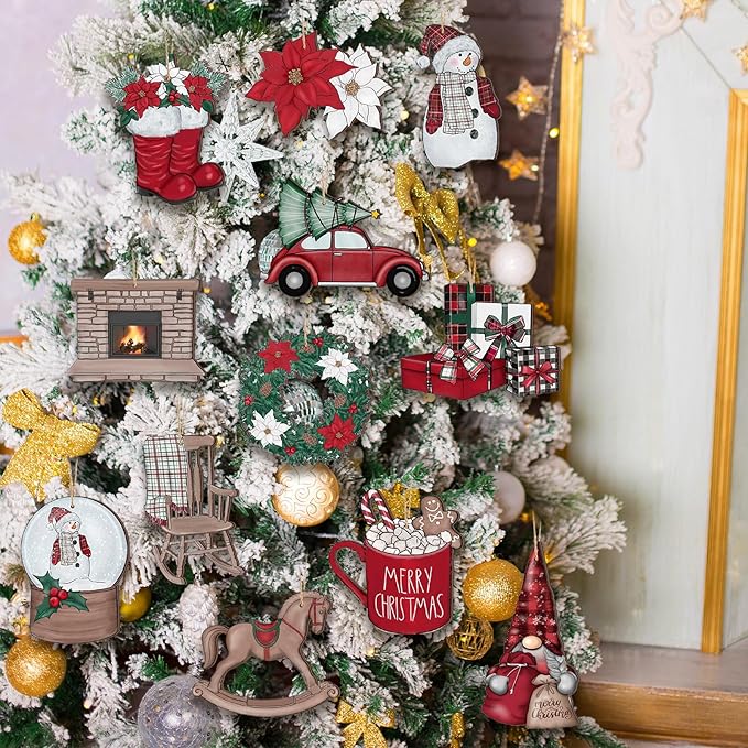 Huwena 36 Pcs Christmas Wooden Ornaments Red White Christmas Decorations for Tree Snowman Gnomes Poinsettia Flowers Truck Wreath Wood Cutouts Tags with Ropes Winter Decor for Xmas Tree Gifts