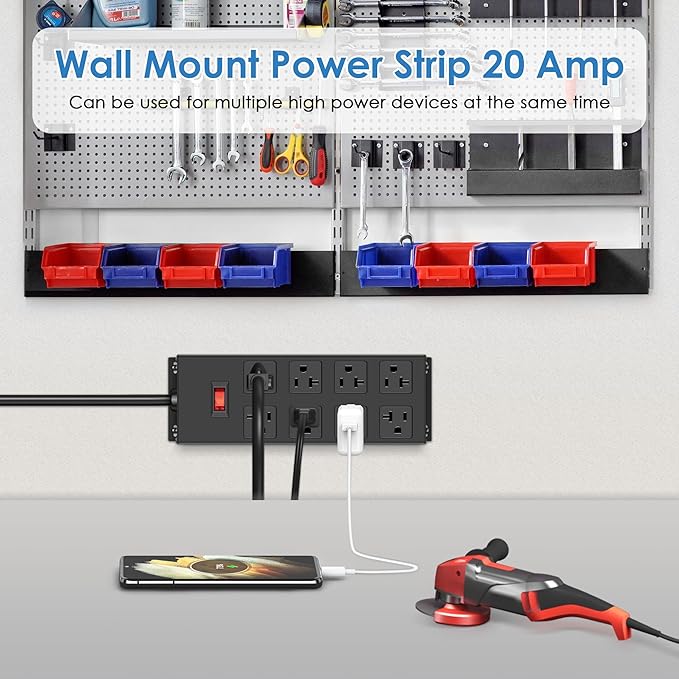 JUNNUJ Heavy Duty 20 Amp Power Strip, Garage 8 Outlets Metal 12 Gauge Surge Protector 3000J, High Amp 5-15P Adapter Shop 6-20R T-Slot Industrial Outlets (8AC, 10FT)