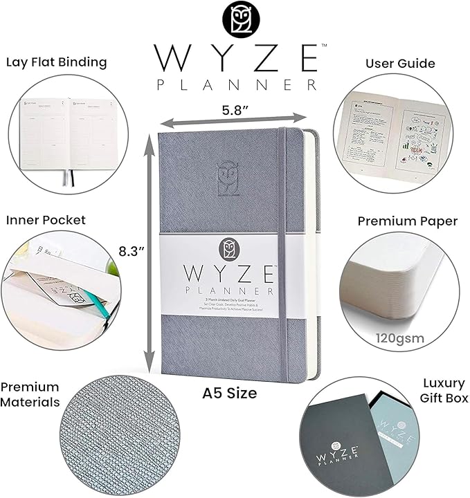 Undated Daily Planner – 3-Month A5 Productivity Organizer with Full Page Per Day, Hourly Schedule, Goal Setting, Habit Tracker, Weekly & Monthly Pages – Hardcover Time Management Notebook (Gray)