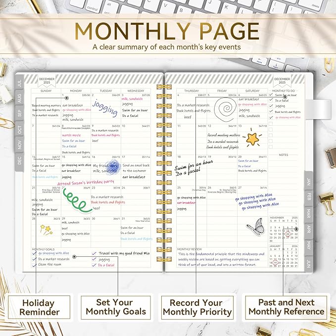 Academic Planner 2025-2026, Weekly and Monthly Planners for Women, Jul.2025 - Jun.2026, AIMPEAK Daily Calendar Planner for Teacher & Student, Monthly Tabs, White Marble, 7"x10"