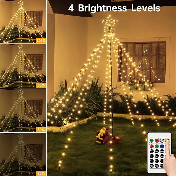 Christmas Tree Lights 340LED with Topper Star, IP67 Waterproof Remote Control Waterfall Lights with Pole, 16 Modes 3 Timers Dimmable Christmas Decorations for Outdoor Yard (Warm White)