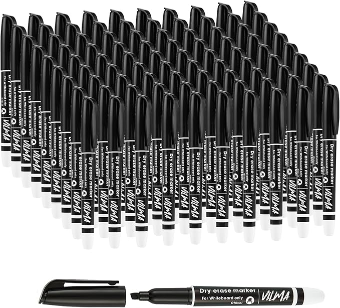 VILMA 90 Pack Black Whiteboard Markers, Dry Erase Markers with Chisel Tip, Bulk Classroom Office Supplies for White Board, School, Teachers, Kids, Non-Toxic, Low Odor