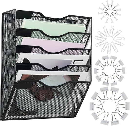 Hanging Wall File Organizer with Office Assorted, 5 Pockets Mesh Wall Mounted File Folder Holder for Mail, Paper, Document, Binder, Magazine, Menu (Black)