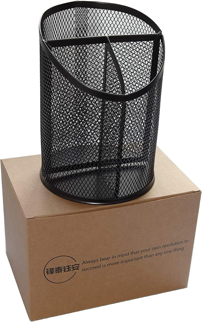 Fengtaiyuan T06, Black Metal Wire Mesh Pencil Holder, Desktop Organizer, Office Storage Box (Black-T06)