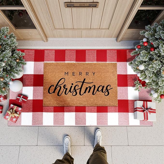 KIMODE Christmas Buffalo Plaid Outdoor Rug 24"x51", Red and White Porch Rug, Washable Reversible Outdoor Christmas Decor, Farmhouse Door Mats Outside for Front Porch Entryway Kitchen Bedroom
