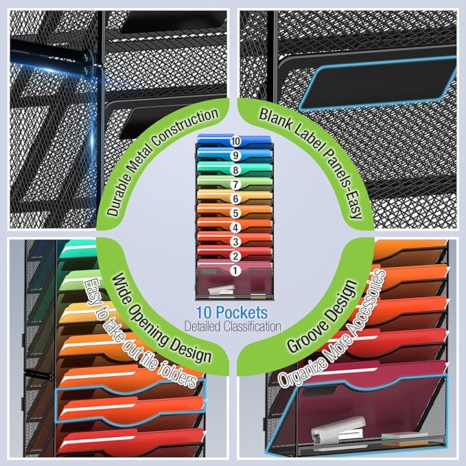 11 Tier Wall File Holder Hanging Wall Mount Paper File Organizer for Mails Folders Document Magazine Organization, for Office School Home, Black