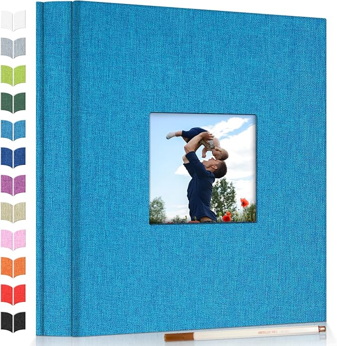 Photo Album Self Adhesive Scrapbook Album for 3x5 4x6 5x7 8x10 Pictures,120 Pages Linen Cover with Display Window DIY Photo Book,Ideal Gifts for Family Travel Wedding Baby