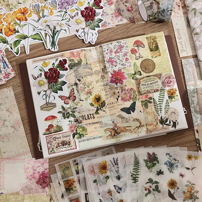 Vintage Botanical Scrapbooking Supplies Kit, Aesthetic Flower Scrapbook Kit for Bullet Junk Journal, 12 Rolls Washi Tape, Stickers Papers for DIY Journaling Supplies, Craft Gift for Girl Kid Women