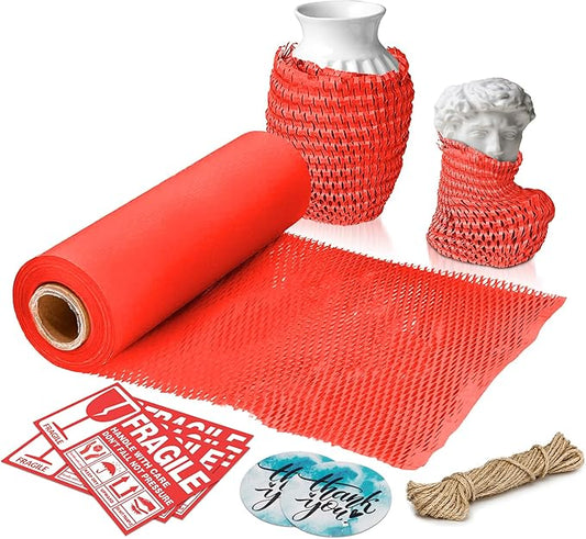 Red Honeycomb Packing Paper for Moving Breakables, 15 Inch x 100 Feet. Fragile Shipping Supplies. Perforated Packing Materials for Fragile Items. Moving Paper Wrap. Eco Friendly Packaging