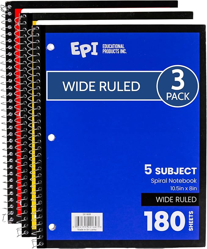 EPI Spiral Notebook | 5 Subject - Wide Ruled - 180 Sheets, Durable Spiral Binding | 10.5 x 8 in | Classroom Supplies | School, Office, Note Taking, Journaling - 3 Pack