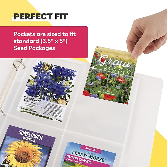 Seed Storage Organizer (50 Sheets, 3.5 x 5 Pockets) - Garden Seed Packet Organizer with 4 Pocket Sheet Protectors for 3 Ring Binders