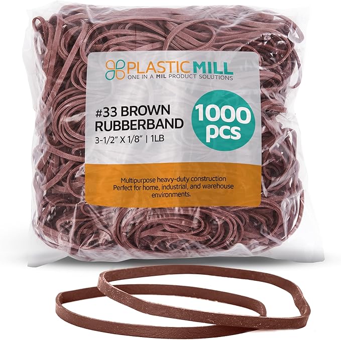 PlasticMill Brown Rubber Bands Size 33 (3 1/2" x 1/8") - #33 Colored Rubber Bands Office Supplies - Strong, Elastic Bands for Crafts, Balloon Garland, Cash, File Folders (1,000-Pack)