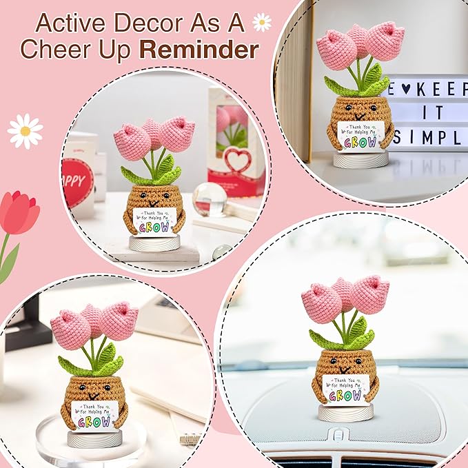 Gossby Handmade Positive Tulip Flower Crochet - Thank You for Helping Me Grow - Teacher Appreciation Gift - Thank You, Birthday, Graduation, Last Day of School Gift for Teacher from Student