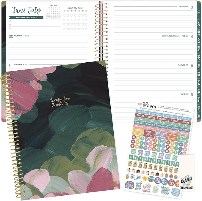 bloom daily planners 2025-2026 (8.5" x 11") Academic Year Day Planner (July 2025 - July 2026) - Weekly & Monthly Dated Agenda Organizer with Stickers & Tabs - Emerald Paint Strokes