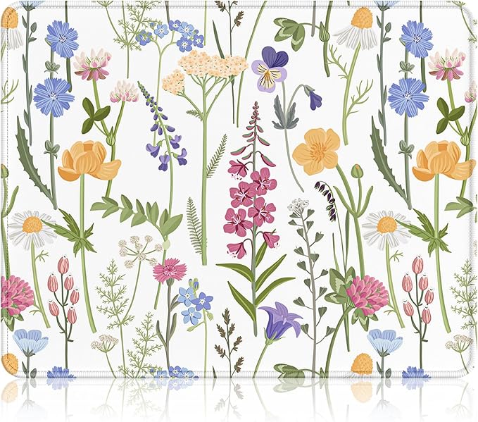 Auhoahsil Mouse Pad, 12 x 10 in Simple Flower Theme Computer Mouse Pad for Desk, Premium-Textured Non-Slip Rubber Stitched Edges Waterproof Square Mouse Mat for Gaming Work Wireless Mice, White