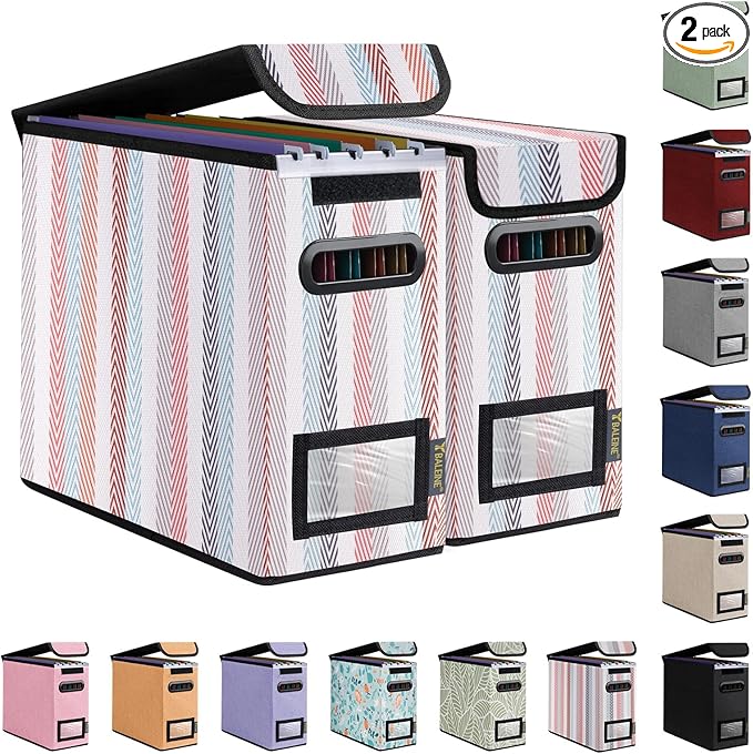 BALEINE File Organizer Box with Lid, Collapsible File Folder Organizer with Plastic Slide, Hanging File Folder Box for Office Document Storage (2 Pack, Color Stripe, S)