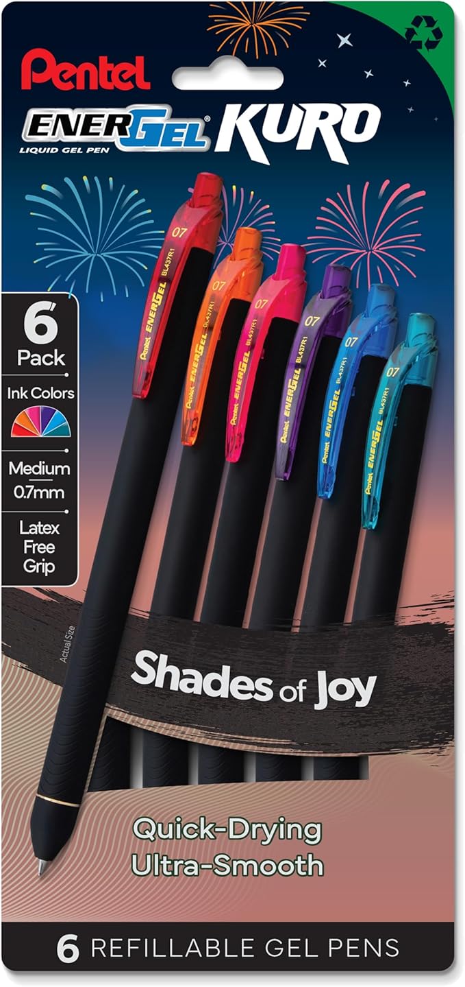 Pentel EnerGel Kuro Shades of Joy, Retractable Liquid Gel Pen, Assorted Ink Colors, Pack of 6 (BL437JOYPF6)