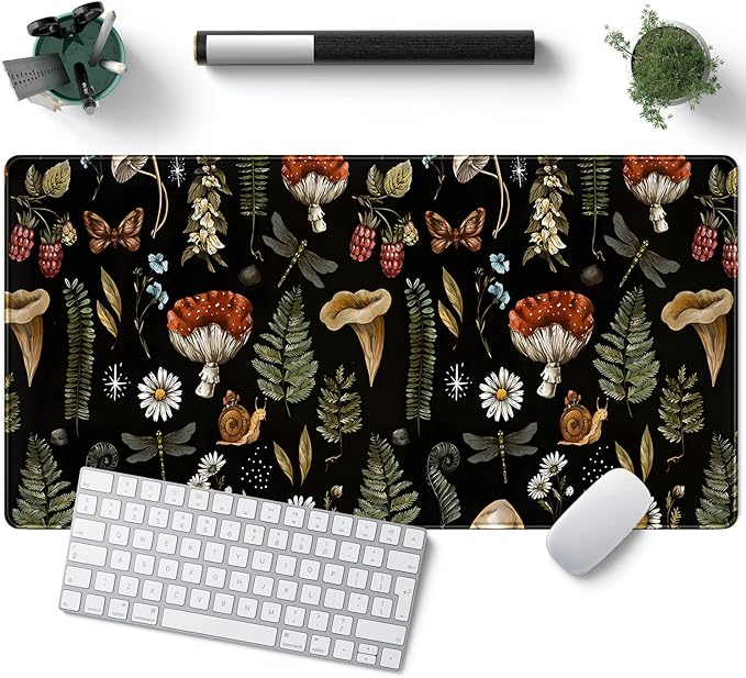 Black Mouse Pad Cottage Core Aesthetic Mouse Pads Mushroom Desk Pad Vintage Mouse Pad Forest Magic Nature Large Desk Pad Ergonomic Mouse Pads with Stitched Edges Non-Slip Computer Mat 31.5x15.7 in
