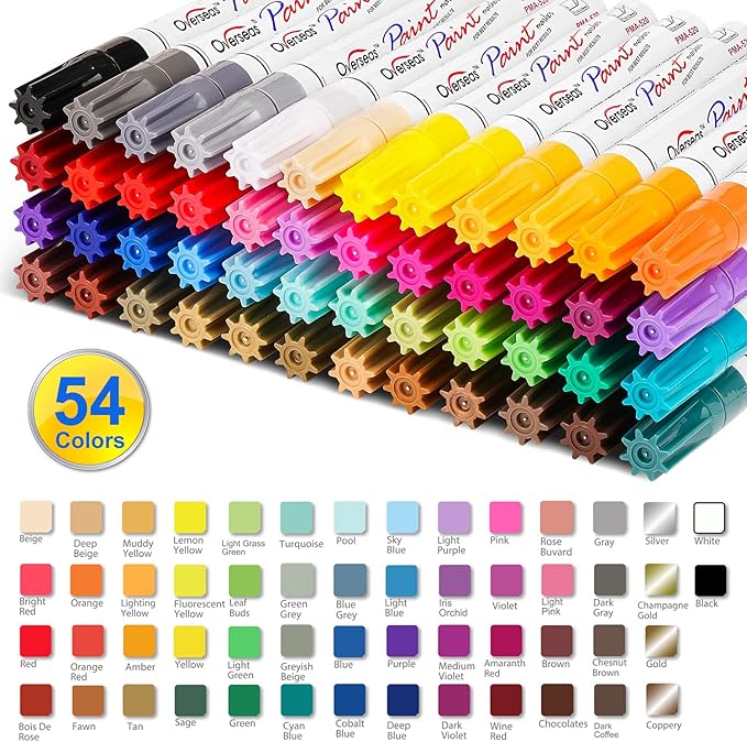 Overseas 54 Colors Paint Pens, Oil Based Assorted Colors Permanent Markers - Medium Tip, Quick Dry, Waterproof Paint Markers for Metal, Wood, Plastic, Rock, Stone, Canvas, Glass, Rubber, Leather
