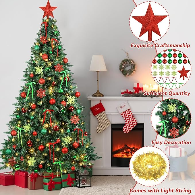 86Pcs Led Light Red and Green Christmas Tree Decorations Set 100 Led Light Christmas Star Trees Topper with String Lights Xmas Balls Snowflakes Ornaments Bows Xmas Trees Decor 20m Light String