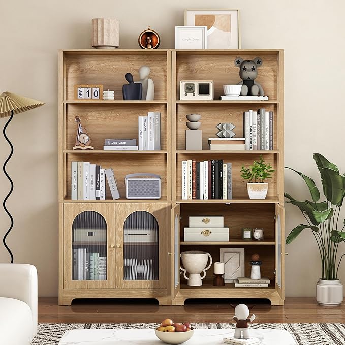 RARZOE Set of 2 Bookshelves and Bookcases, 5-Tier Arched Bookshelf with Glass Doors, Floor Standing 5 Shelf Book case, Wood Display Cabinet Storage Organizer for Living Room, Bedroom, Office(Natural)