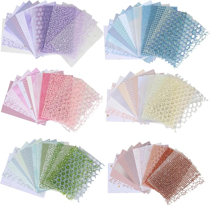 90 Sheets Textured Scrapbook Paper with Decor Mesh Fabric Creative Kit - 6 Pack Mixed Media Papers for Craft, Scrapbooking, Junk Journal, Card Making, Collage Art Supplies, 5.1 x 7 Inches