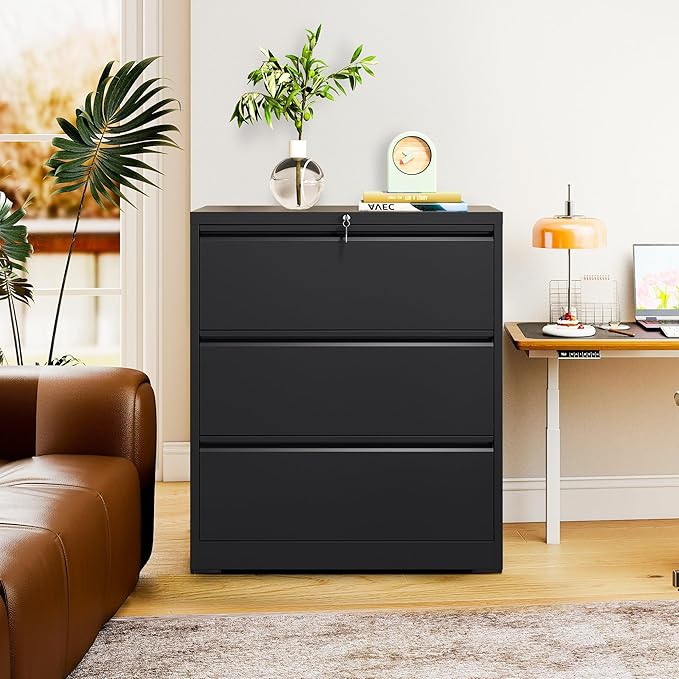 3-Drawer Lateral File Cabinet with Lock, Black Metal Filing Cabinet for Office or Home – Secure Storage for Letter/Legal/A4/F4 Documents, Easy to Assemble Locking File Organizer (Black, 3 Drawer-40"H)