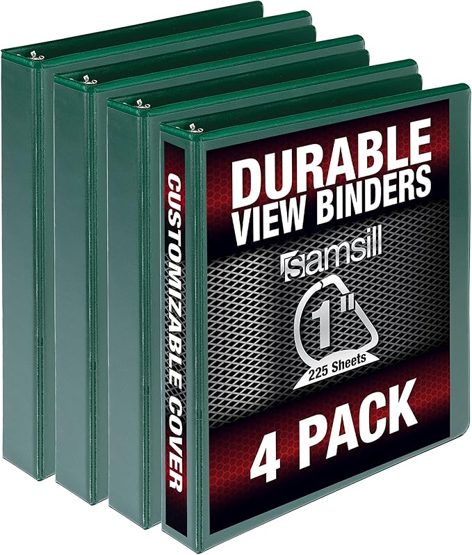 Samsill Durable 1 inch 3 Ring Binder, Made in USA, D Ring Binder, FSC 100% Recycled Chipboard, Green, 4 Pack