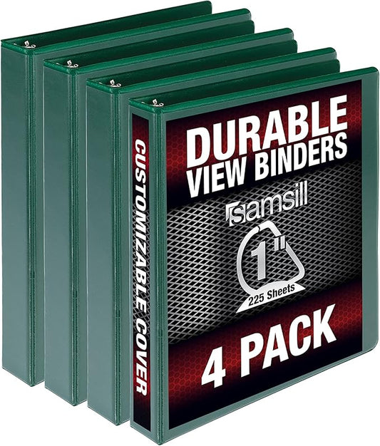 Samsill Durable 1 inch 3 Ring Binder, Made in USA, D Ring Binder, FSC 100% Recycled Chipboard, Green, 4 Pack