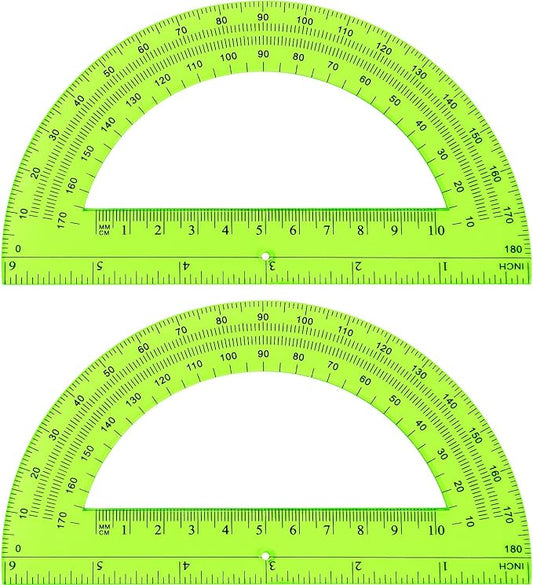 Zonon 2 Pcs 6 Inch Plastic Protractor Math Protractors 180 Degrees Angle Measurement, Translucent for Geometry Classroom Kid Student School Office Supplies(Green)