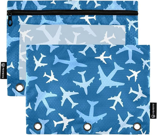 Airplanes in The Sky Pencil Pouch for 3 Ring Binder, 2 Pack Waterproof Pencil Bags Clear Window Zipper School Office Supplies