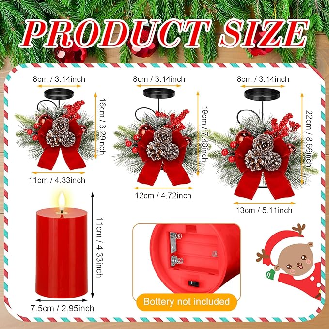 Yunlly Set of 3 Christmas Centerpiece Candleholder with Flameless Candlelights, Xmas Ball Adorned Candelabrum for Xmas Family Party Holiday Table Mantle Decoration