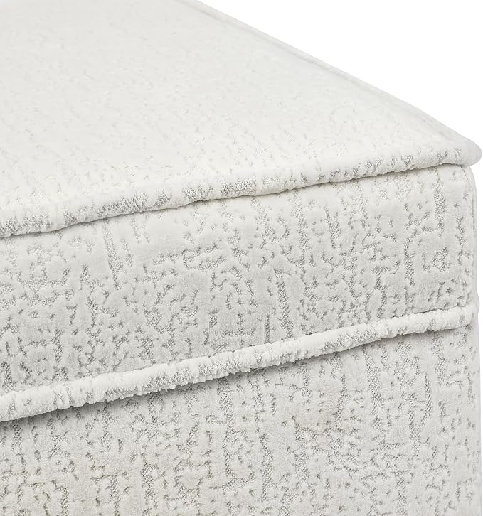 Adeco 17 Inch High Faux Fur White Cube Ottoman Storage, 3D Embossed Velvet Chair Foot Stools, Upholstered Vanity Stool with Hinged Lid, Solid Round Wood Legs