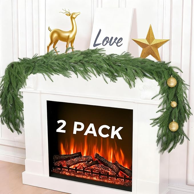 12FT(2 * 6FT) Christmas Norfolk Pine Garlands, Winter Decor Real Touch Pine Garland, Artificial Greenery Xmas Garland for Holiday, Table, Wall, Fireplace, Mantel, Indoor & Outdoor Decoration (2 Pack)