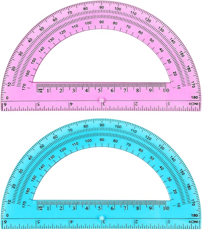 Zonon 2 Pcs 6 Inch Plastic Protractor Math Protractors 180 Degrees Angle Measurement, Translucent for Geometry Classroom Kid Student School Office Supplies(Pink, Blue)