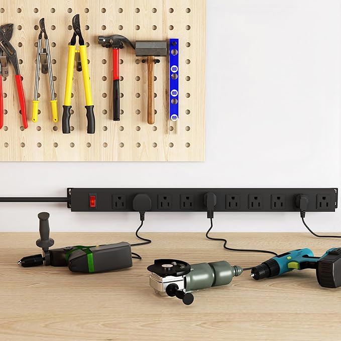 10 Outlet Metal Power Strip with 12Ft/125V/15A Long Extension Cord Black Heavy Duty Power Strip for Kitchen,Office,School,Commercial,Workshop,Industrial,ETL Certified and Listed,Black(12FT)