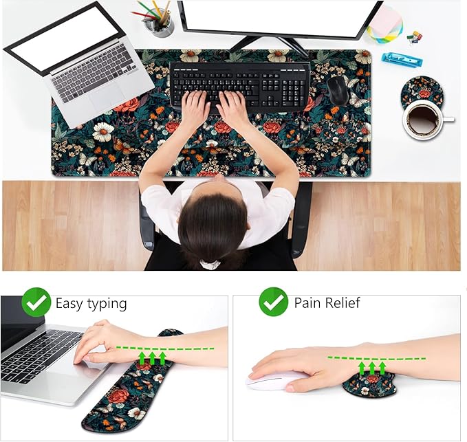 AIMSA XXL Large Gaming Mouse Pad Set with Wrist Rest, Retro Floral Butterfly Pattern, Multicolor, Fabric, Memory Foam, 4 in 1 Combo, Ultra-smooth, Non-slip, Stitched Edges