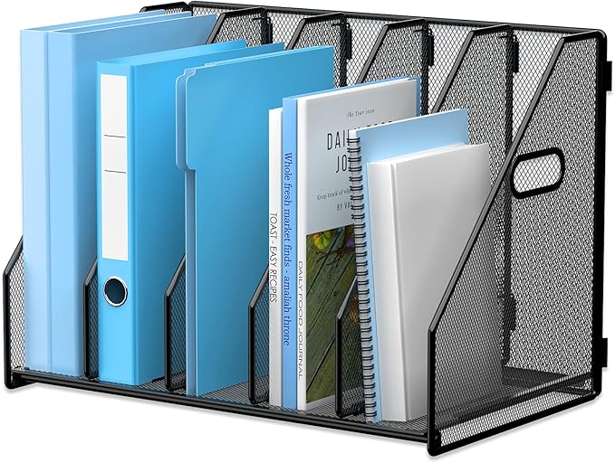 Desk File Organizer Metal Desk Magazine Folder Holder with 5 Vertical Compartments Rack File Organizer for Office, Home, School, Black
