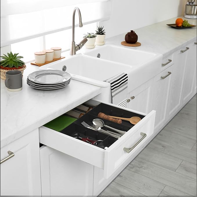 Simple Houseware Drawer Organizer Tray with 9 Adjustable Compartments, 2 Packs, Black