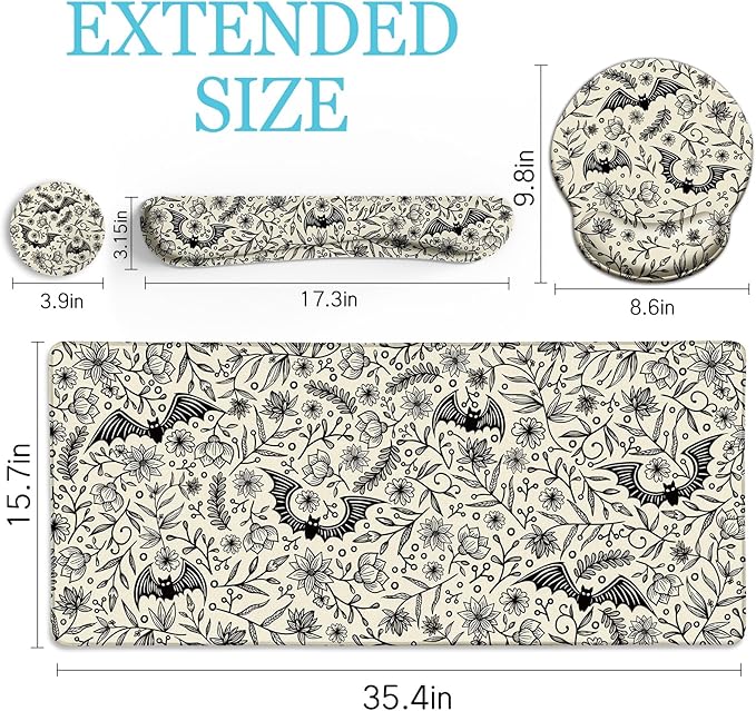 Goth Bat Mouse Pad Set Large Desk Mat for Desktop, Ergonomic Mouse Pad with Wrist Rest for Gaming, Keyboard Mat Wrist Support Cup Coaster Set, Gothic Office Desk Accessories Decor Supplies