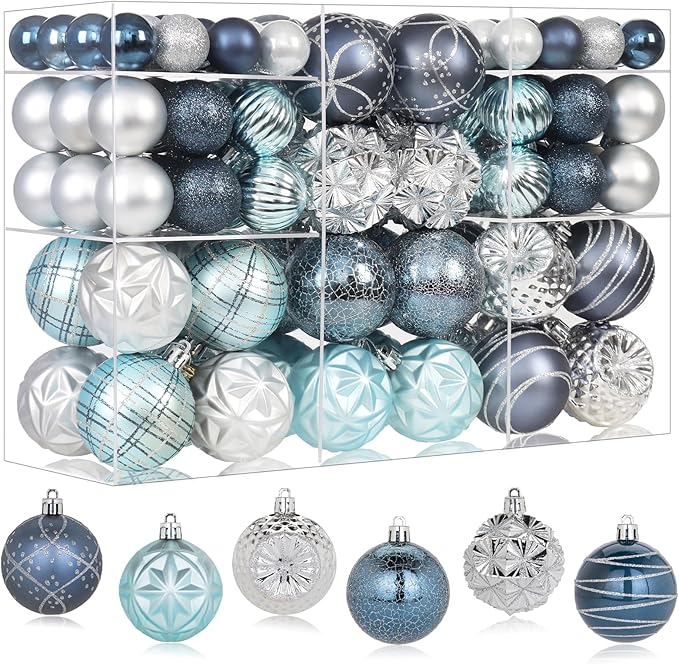 100ct Blue and Silver Christmas Ornaments Set, Shatterproof Christmas Decorations for Tree Plastic Xmas Ball Ornaments with Assortment of Designs and Size for Holiday Party Decor (Black & Silver)