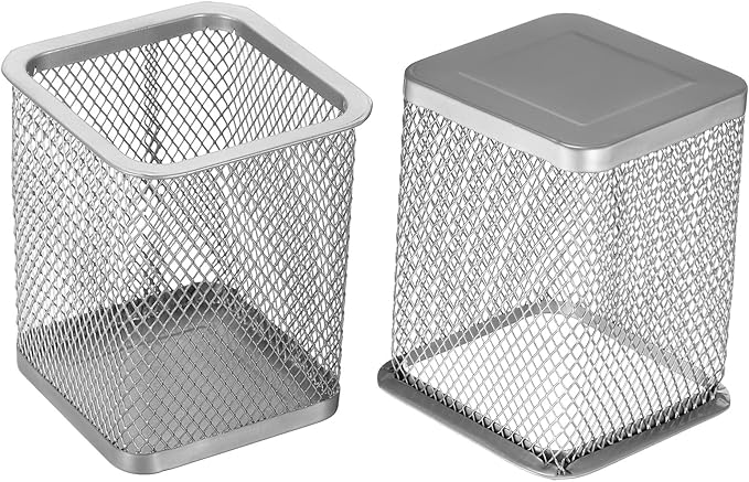PATIKIL Mesh Pen Holder, Pencil Holder Pencil Basket Pen Cup Locker Organizer Square Makeup Brush Holder for Desk Accessories, Silver