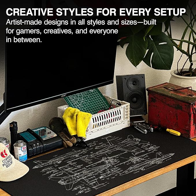 MPCO. Blueprints Large Gaming Desk Pad - 36" x 17" Duraglyde Fabric 18A Hornets – Black Desk Mats - Non-Slip, Washable, Smooth Glide for Precision Gaming & Work