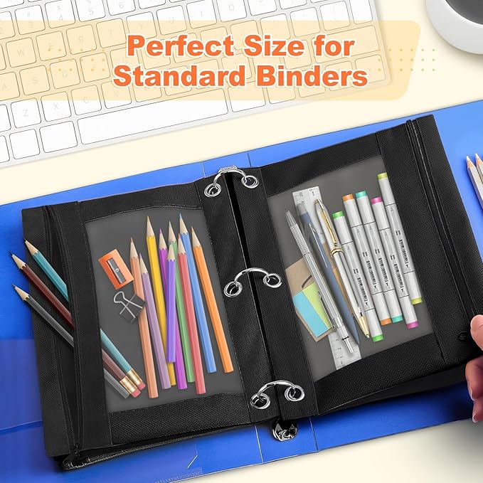 Shemira Pencil Pouch for 3 Ring Binder, Binder Pencil Pouch with Smooth Zipper, Clear Window Pencil Case for Binder, Zipper Pencil Pouches, Big Capacity 3 Ring Binder Pencil Bag, Black