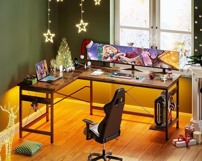 Coleshome 59" L Shaped Gaming Desk with Outlet, L Shaped Desk with CPU Stand, Corner Computer Desk, Home Office Desk, Writing Desk, Vintage