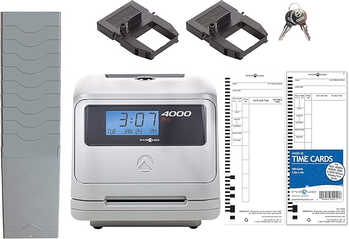 Pyramid Time Systems - Model 4000 Pro Auto Totaling Time Clock [ 4000PROK ] for Small Business, Bundle Includes: 125 Time Cards,2 Ink Ribbon cartridges, 1 Ten Time Card Rack, 2 Security Keys