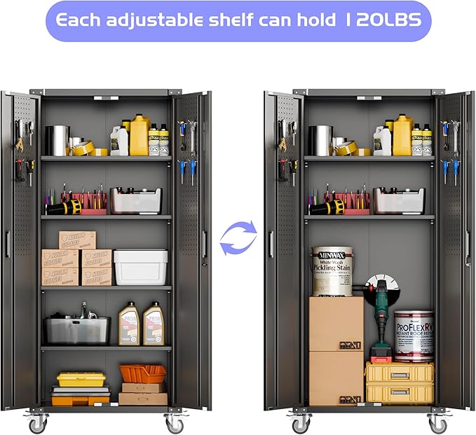 Aobabo Upgraded 72" H Garage Storage Cabinets with Wheels,Metal Storage Cabinets with Door Pegboard for Garage Home Office Storage,Assembly Required, Black