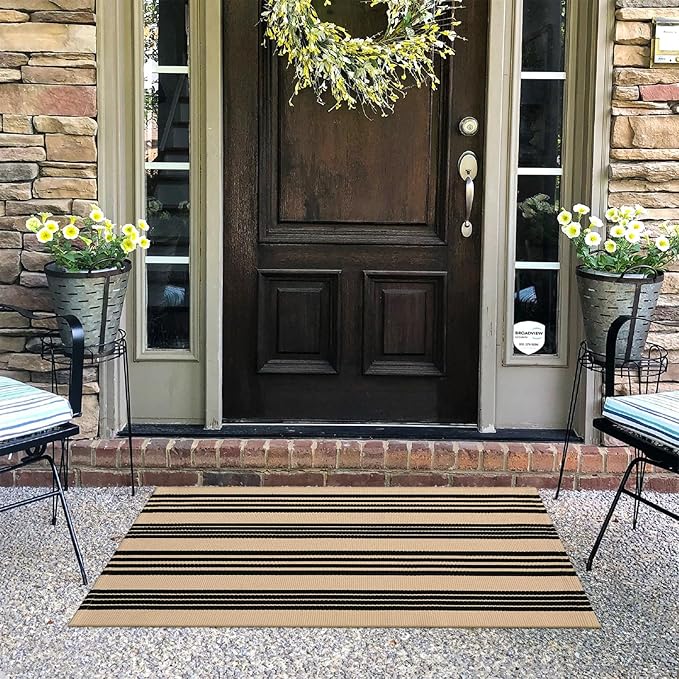 KIMODE Front Door Mats 24"x51", Black and Khaki Striped Layered Door Mats Outdoor,Machine Washable Farmhouse Front Porch Rug Decor, Spring Decorations Cotton Hand Woven Entryway Rug for Doorway