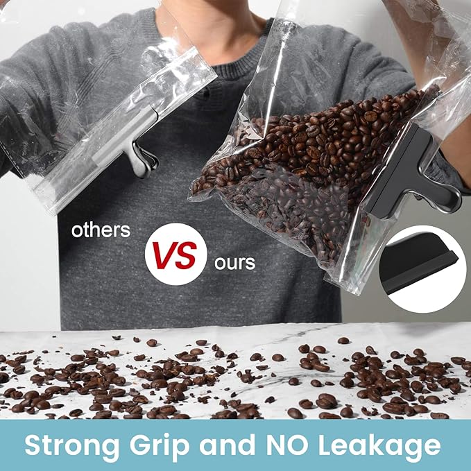 HOUSE AGAIN 8 Pack Stainless Steel Chip Bag Clips Covered with Silicone - NO More Sharp Edges - Color Coded for Food Bags - Air Tight Seal, Heavy Duty for Kitchen and Office, 3 Inches Wide, Black